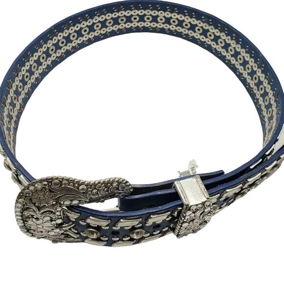 Nocona Blue Leather Belt Clear Crystal Stud Silver Tone Buckle Western Small 26" - Picture 7 of 16